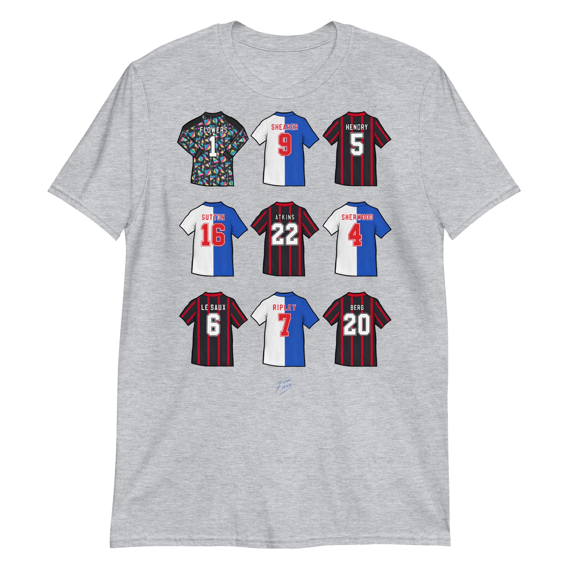 Grey T-shirt inspired by the legendary Blackburn Rovers players of the past! A great tribute to that team of 1994/95