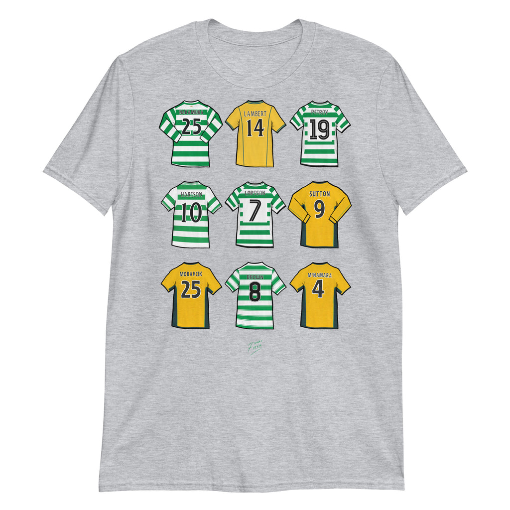 Light Grey T-shirt inspired by the Celtic legends, some of the finest players to have played for the club such as Chris Sutton, Henrik Larsson, John Harrison, Nakamura & more! 