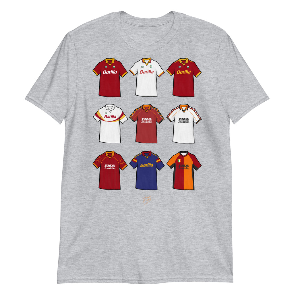 Elevate your football devotion with our AS Roma vintage retro shirt showcasing iconic artwork from 9 legendary designs. Perfect for fans looking to pay homage to the rich history of this historic football club