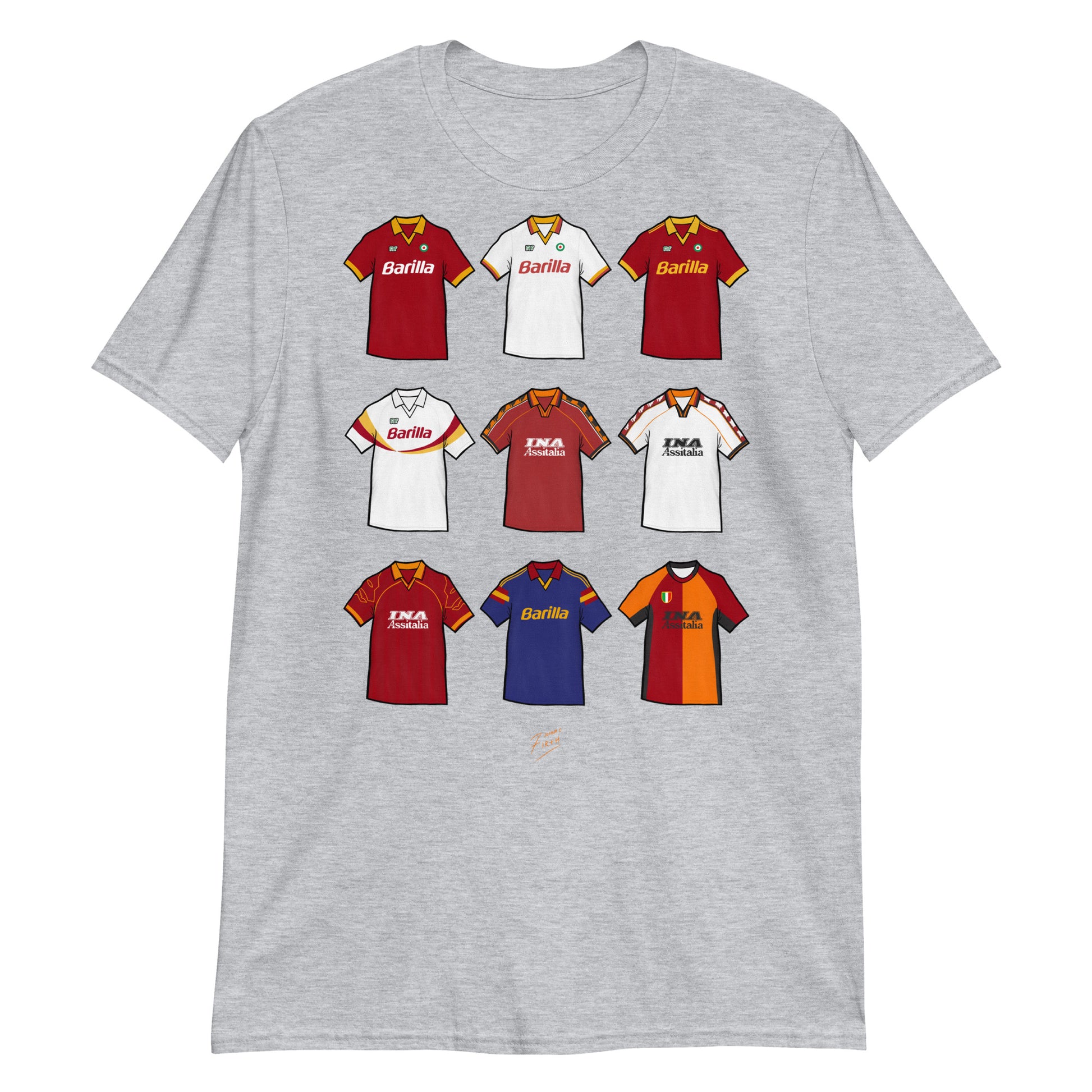 Elevate your football devotion with our AS Roma vintage retro shirt showcasing iconic artwork from 9 legendary designs. Perfect for fans looking to pay homage to the rich history of this historic football club