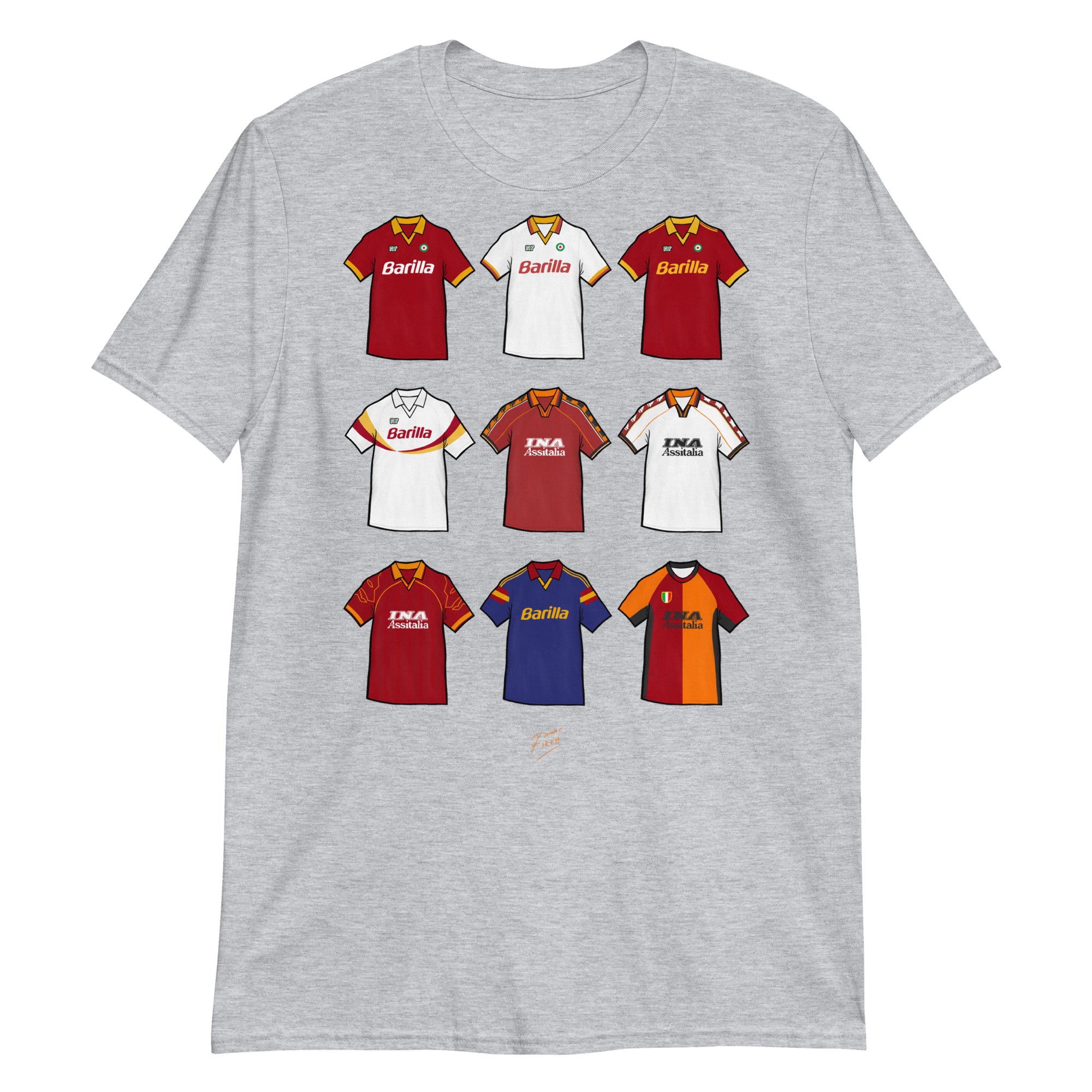 Elevate your football devotion with our AS Roma vintage retro shirt showcasing iconic artwork from 9 legendary designs. Perfect for fans looking to pay homage to the rich history of this historic football club