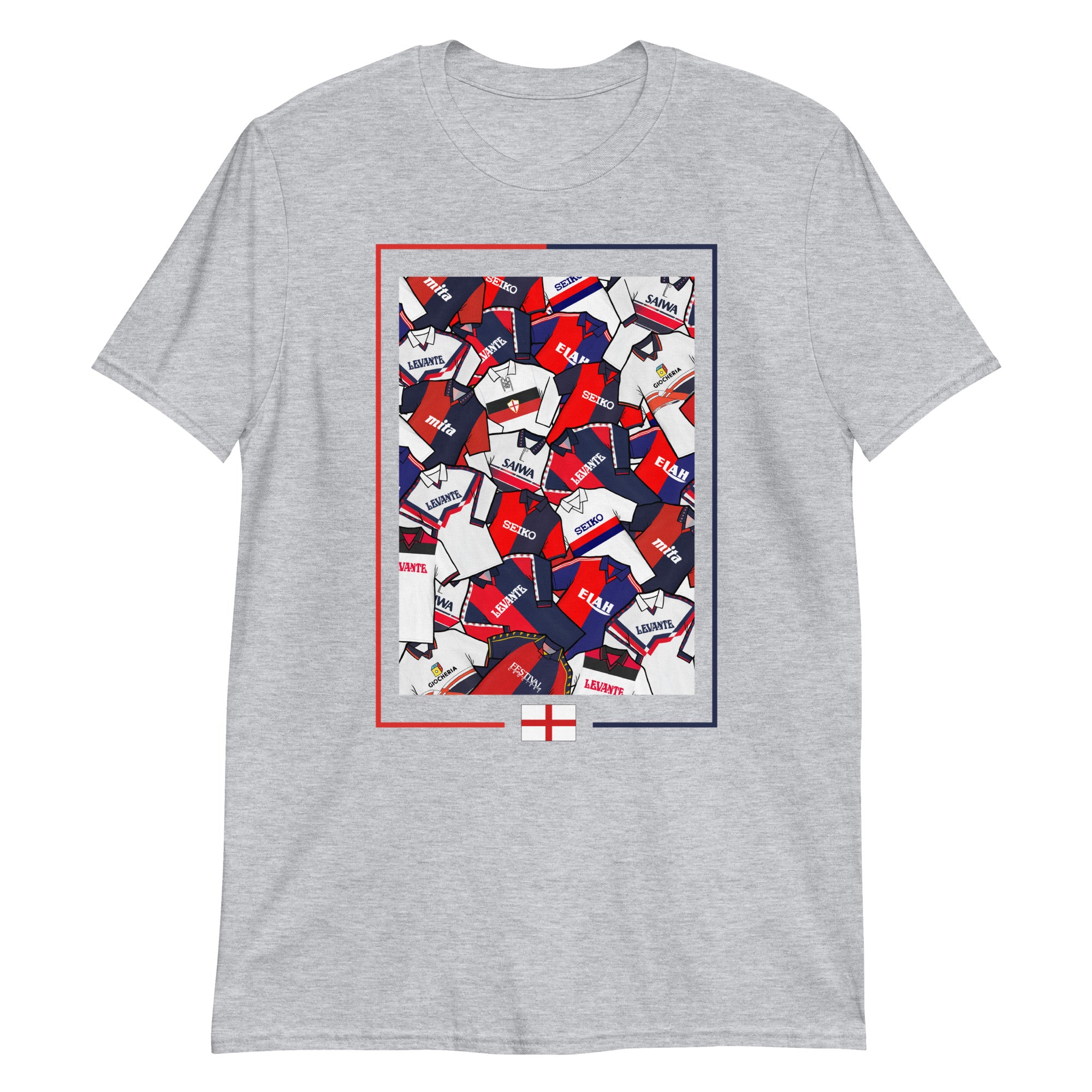 Artwork inspired by the Genoa CFC jerseys of the past on a T-shirt, an absolute classic for the oldest football club in Italy