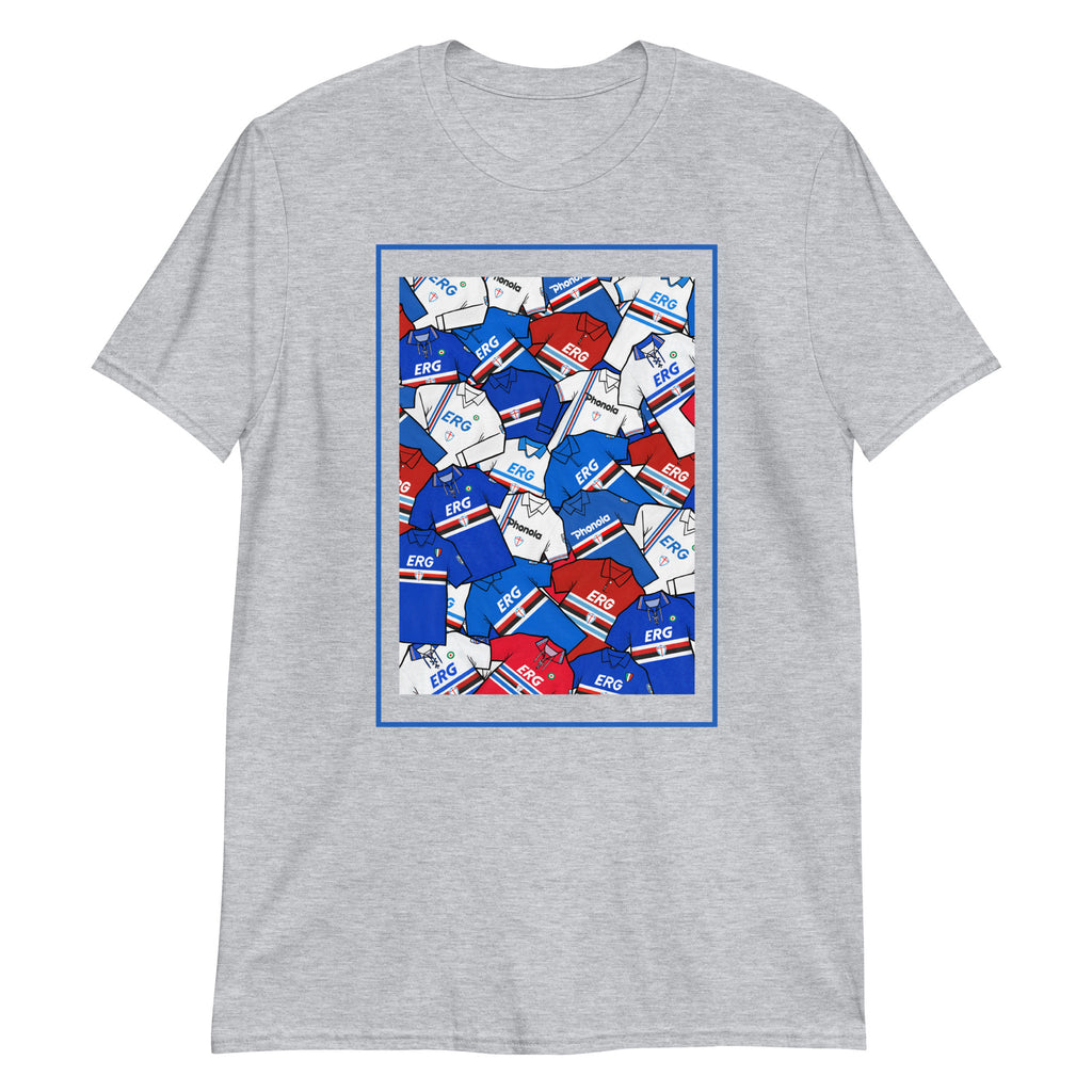 Artwork inspired by the UC Sampdoria jerseys of the past on a T-shirt, one of the biggest football clubs in Italy