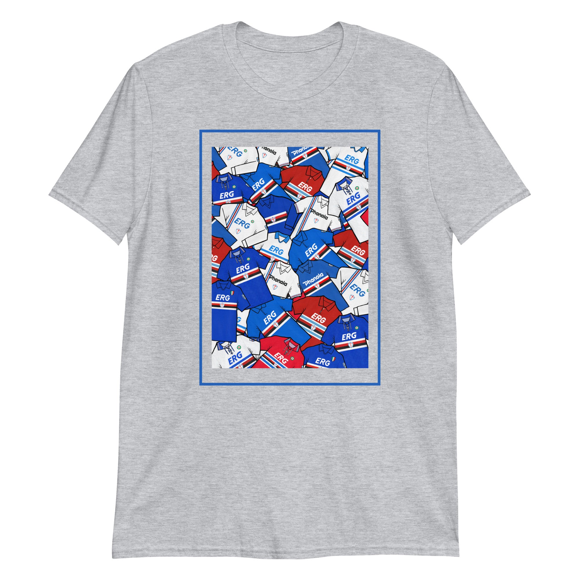 Artwork inspired by the UC Sampdoria jerseys of the past on a T-shirt, one of the biggest football clubs in Italy