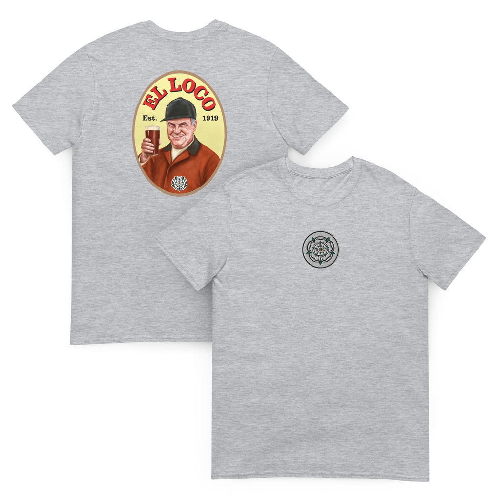 El Loco Marcelo Bielsa T-shirt inspired by the Tetley’s Bitter logo, featuring bold Leeds United design and embroidered Yorkshire rose.