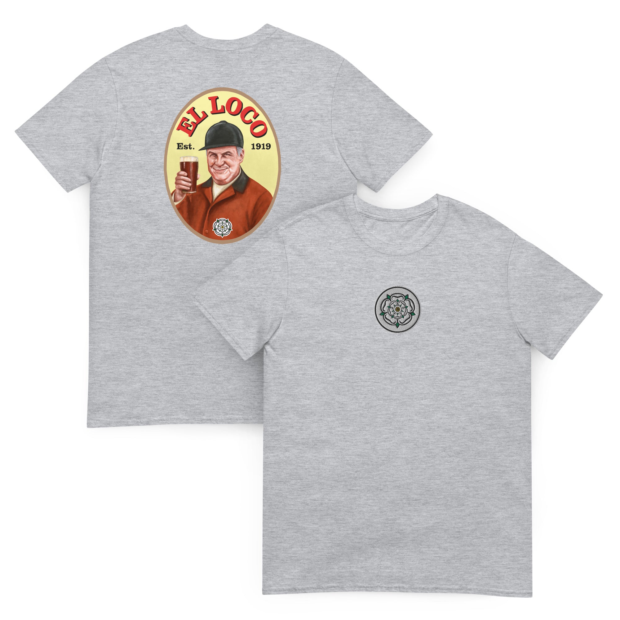 El Loco Marcelo Bielsa T-shirt inspired by the Tetley’s Bitter logo, featuring bold Leeds United design and embroidered Yorkshire rose.