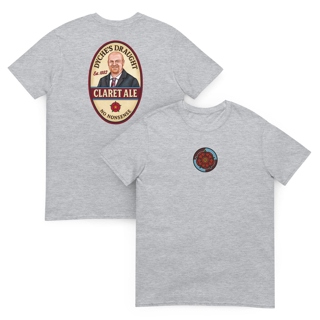 Burnley ‘Claret Ale’ T-shirt featuring an embroidered Lancashire rose on the front and a Sean Dyche beer-label inspired artwork on the back.