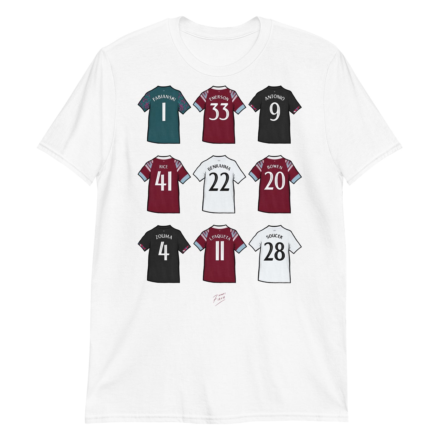 White T-shirt featuring artwork of jerseys of some of the players involved in West Ham United winning their first trophy in 40 years. A special night in Prague!