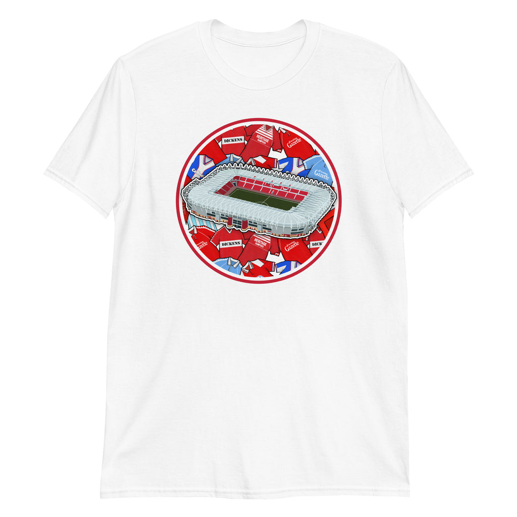 White Middlesbrough themed T-shirt with illustrated retro art including the Riverside Stadium in North Yorkshire