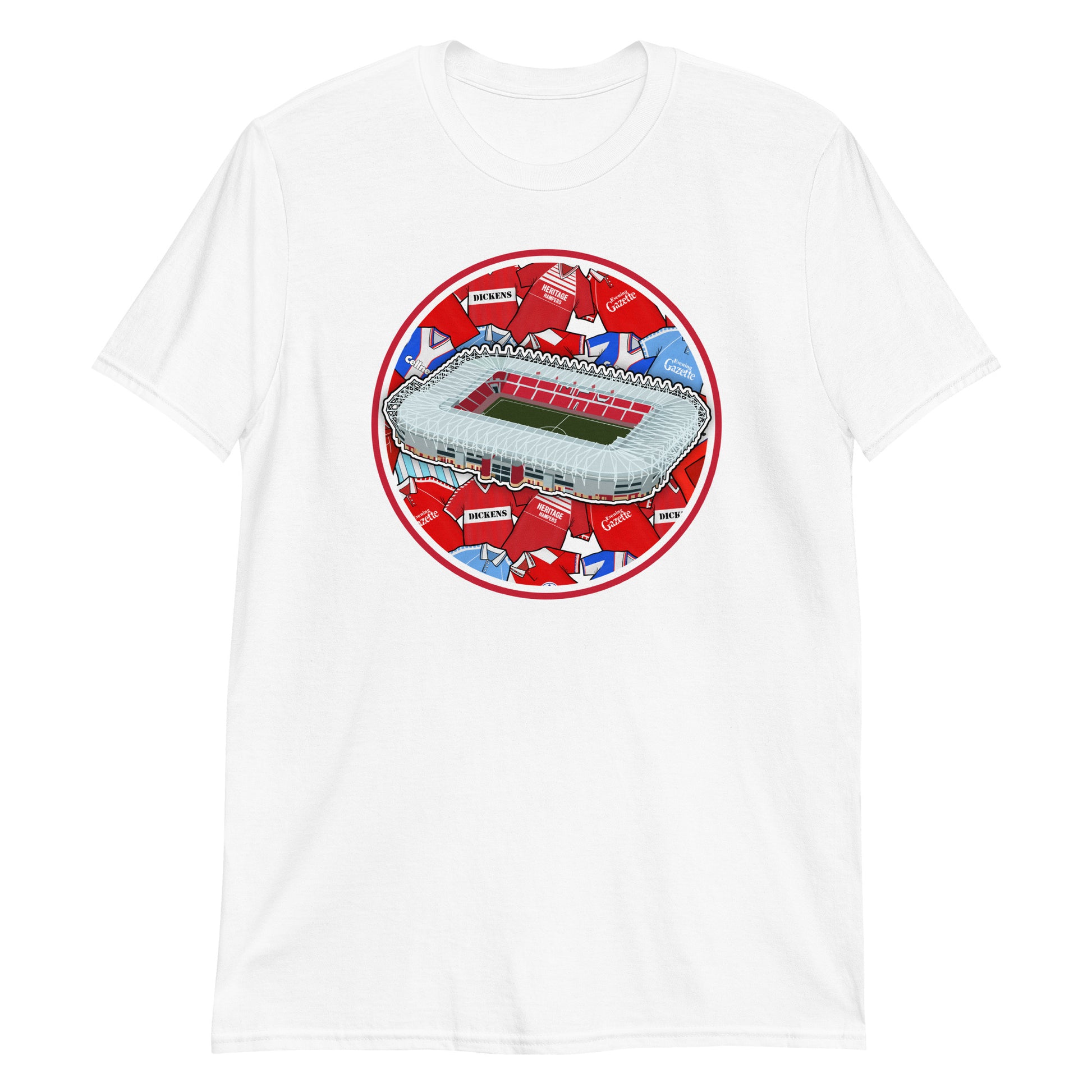 White Middlesbrough themed T-shirt with illustrated retro art including the Riverside Stadium in North Yorkshire