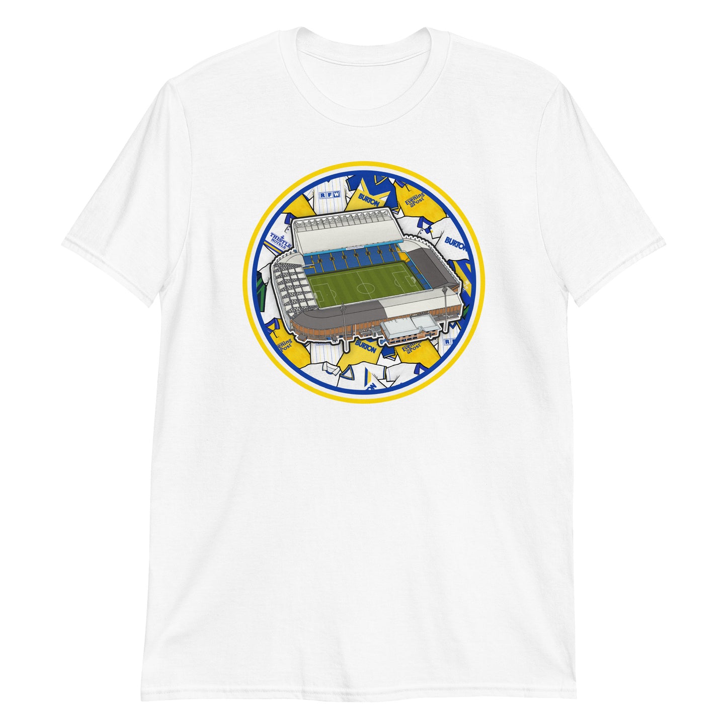 White Retro themed Leeds United inspired T-shirt featuring the iconic Elland Road Stadium & historic jerseys in the background