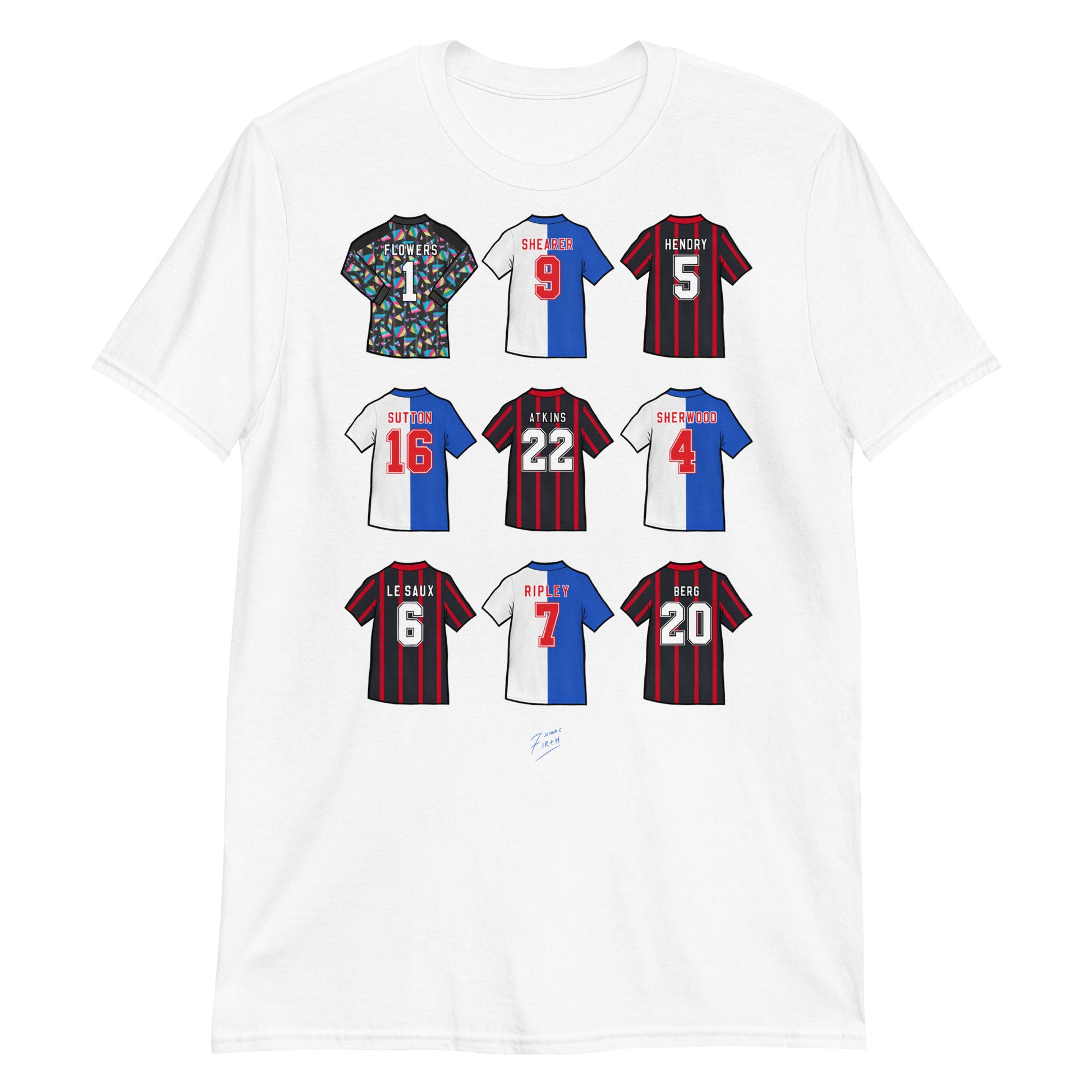 White T-shirt inspired by the legendary Blackburn Rovers players of the past! A great tribute to that team of 1994/95