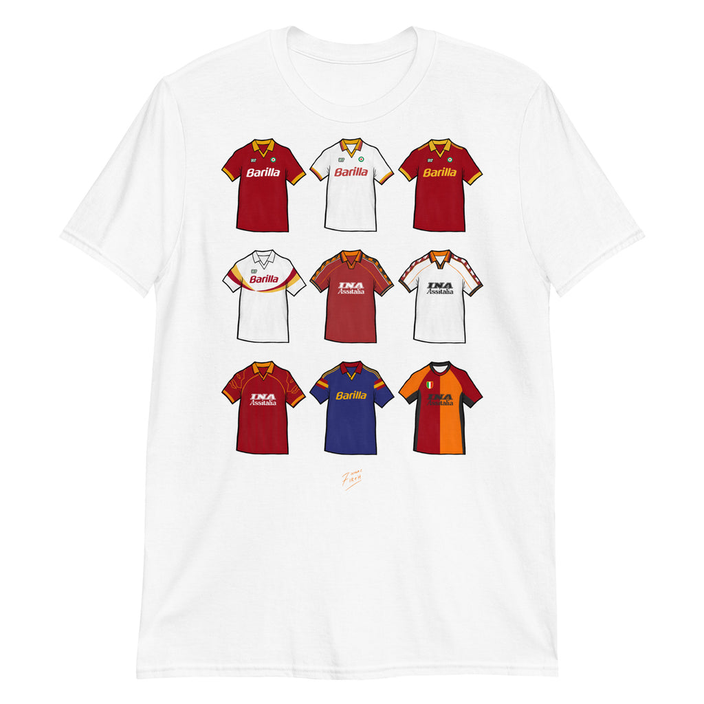 Elevate your football devotion with our AS Roma vintage retro shirt showcasing iconic artwork from 9 legendary designs. Perfect for fans looking to pay homage to the rich history of this historic football club