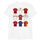 Elevate your football devotion with our AS Roma vintage retro shirt showcasing iconic artwork from 9 legendary designs. Perfect for fans looking to pay homage to the rich history of this historic football club