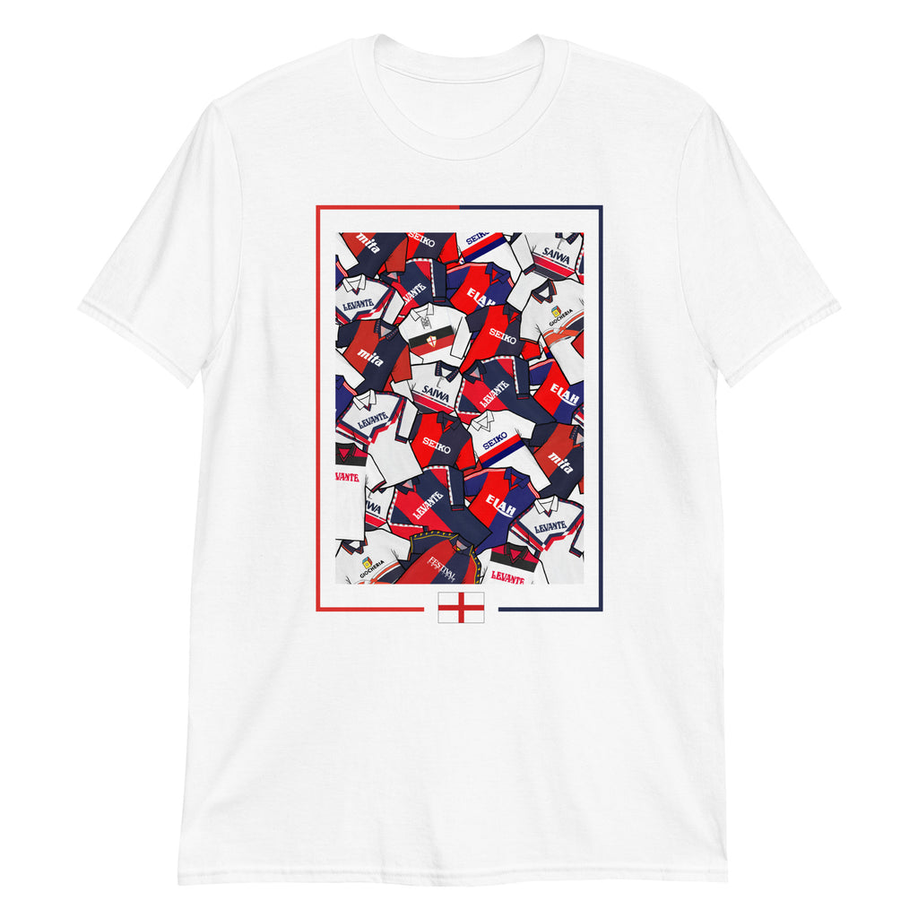 Artwork inspired by the Genoa CFC jerseys of the past on a T-shirt, an absolute classic for the oldest football club in Italy