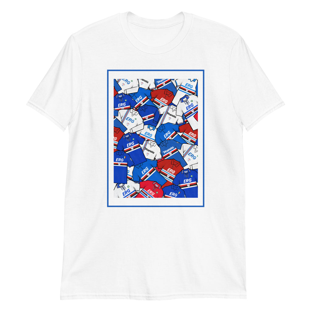 Artwork inspired by the UC Sampdoria jerseys of the past on a T-shirt, one of the biggest football clubs in Italy