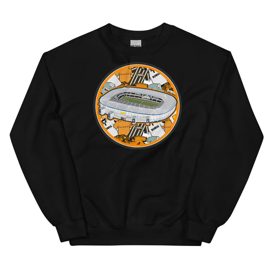 Black retro themed sweatshirt with artwork of Hull City Football Club's home ground the MKM Stadium on the front