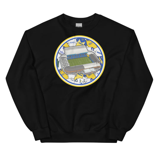 Black Sweatshirt Inspired by the home of Leeds United in West Yorkshire, Elland Road Stadium with Retro Themed Illustrated Artwork Behind it