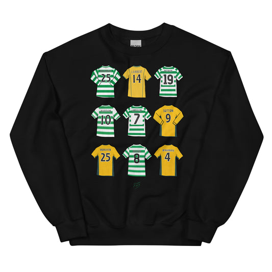 Black Sweatshirt Celtic inspired, legends of the club illustrated artwork featuring names such as Nakamura, Chris Sutton, John Harrison, Henrik Larsson, Scott Brown & more
