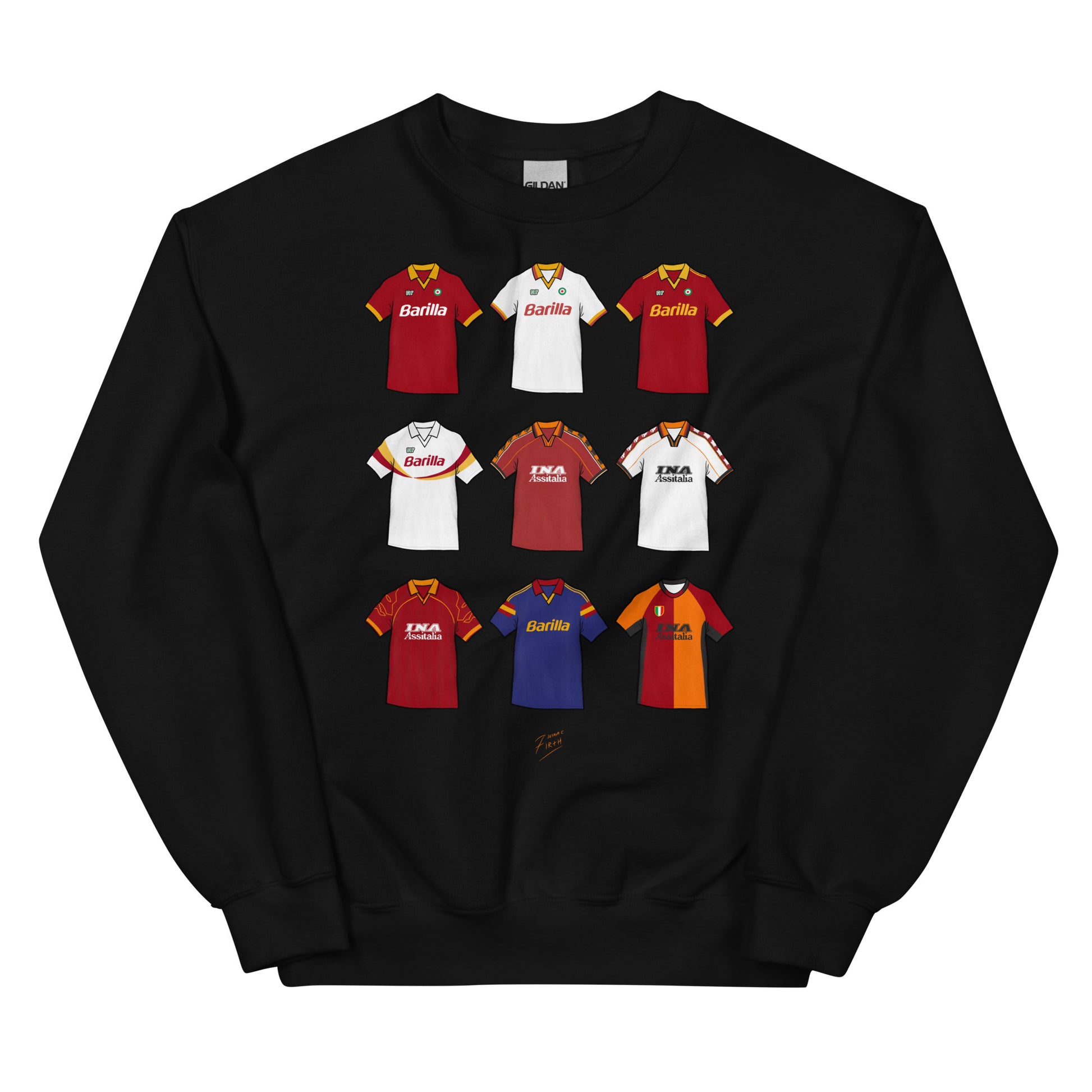 Transport yourself back to the glory days of AS Roma with this vintage-inspired artwork sweatshirt. Featuring iconic jerseys and colours, this unique piece is a must-have for any fan of the legendary Italian football club