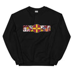 A detailed view of the Northampton Town FC retro sweatshirt featuring a bold Northamptonshire flag and a vintage collage of classic Cobblers football shirts on the front. This stylish design celebrates the proud history and heritage of Northampton Town Football Club. Perfect for match days, casual wear, or as a thoughtful gift for any supporter, this sweatshirt captures true Cobblers pride and timeless football spirit in a classic retro look.