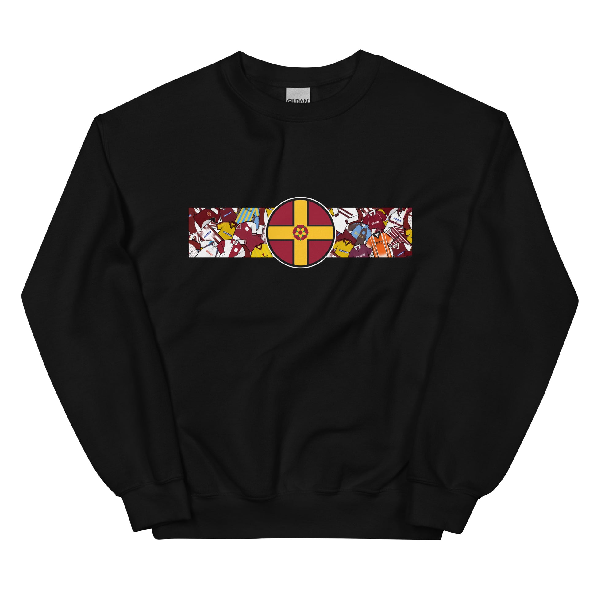 A detailed view of the Northampton Town FC retro sweatshirt featuring a bold Northamptonshire flag and a vintage collage of classic Cobblers football shirts on the front. This stylish design celebrates the proud history and heritage of Northampton Town Football Club. Perfect for match days, casual wear, or as a thoughtful gift for any supporter, this sweatshirt captures true Cobblers pride and timeless football spirit in a classic retro look.