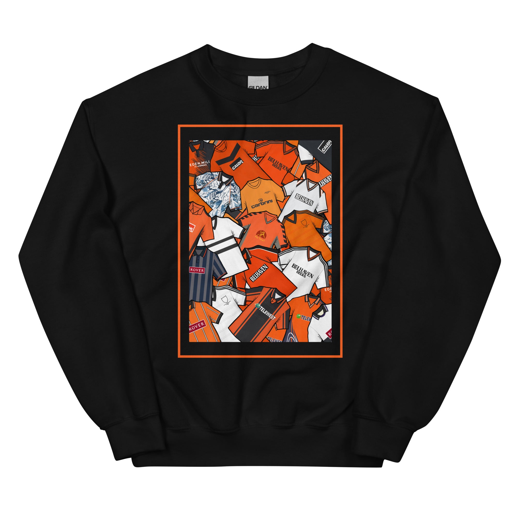 Show your Dundee United FC pride with this sweatshirt featuring a unique mashup of classic shirts. A stylish retro football gift for true Dundee United supporters