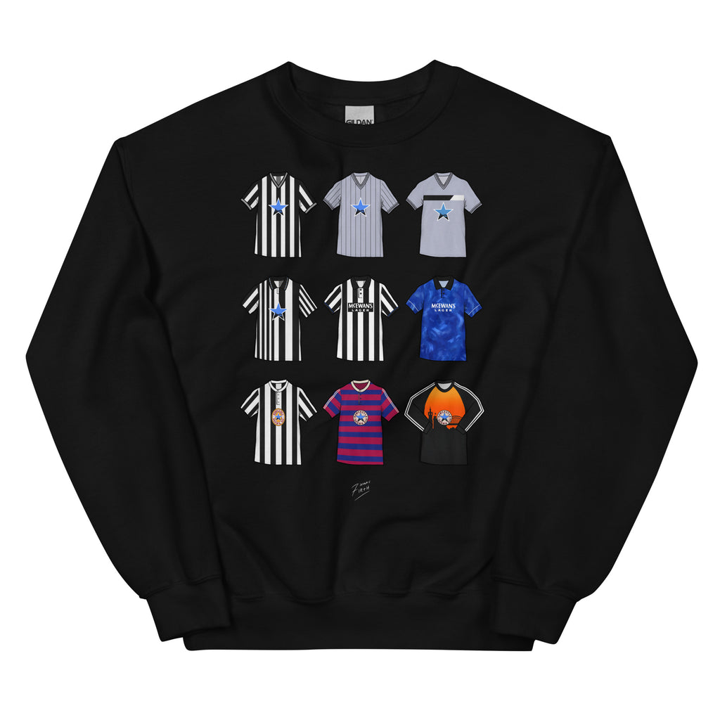 Celebrate your Magpies pride with this Newcastle United FC sweatshirt, designed for fans who love classic football style. Featuring detailed artwork showcasing 9 iconic Newcastle United shirts from the club’s history, this retro-style sweatshirt celebrates the club’s proud heritage and timeless football culture. Perfect for match days, casual wear, or as a Newcastle United football gift, it combines vintage-inspired design with modern comfort. A must-have sweatshirt for true Newcastle supporters who live an