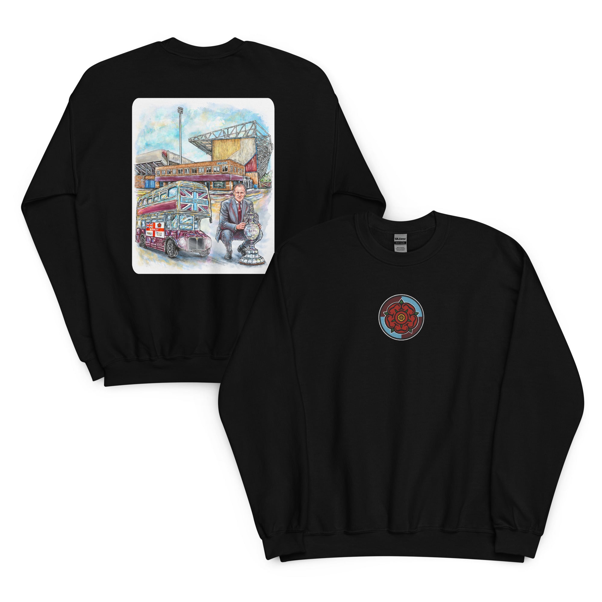 Black sweatshirt featuring hand-drawn Harry Potts and Turf Moor artwork inspired by Burnley football heritage.