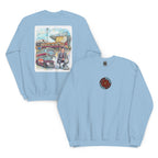 Light blue sweatshirt featuring hand-drawn Harry Potts and Turf Moor artwork inspired by Burnley football heritage.