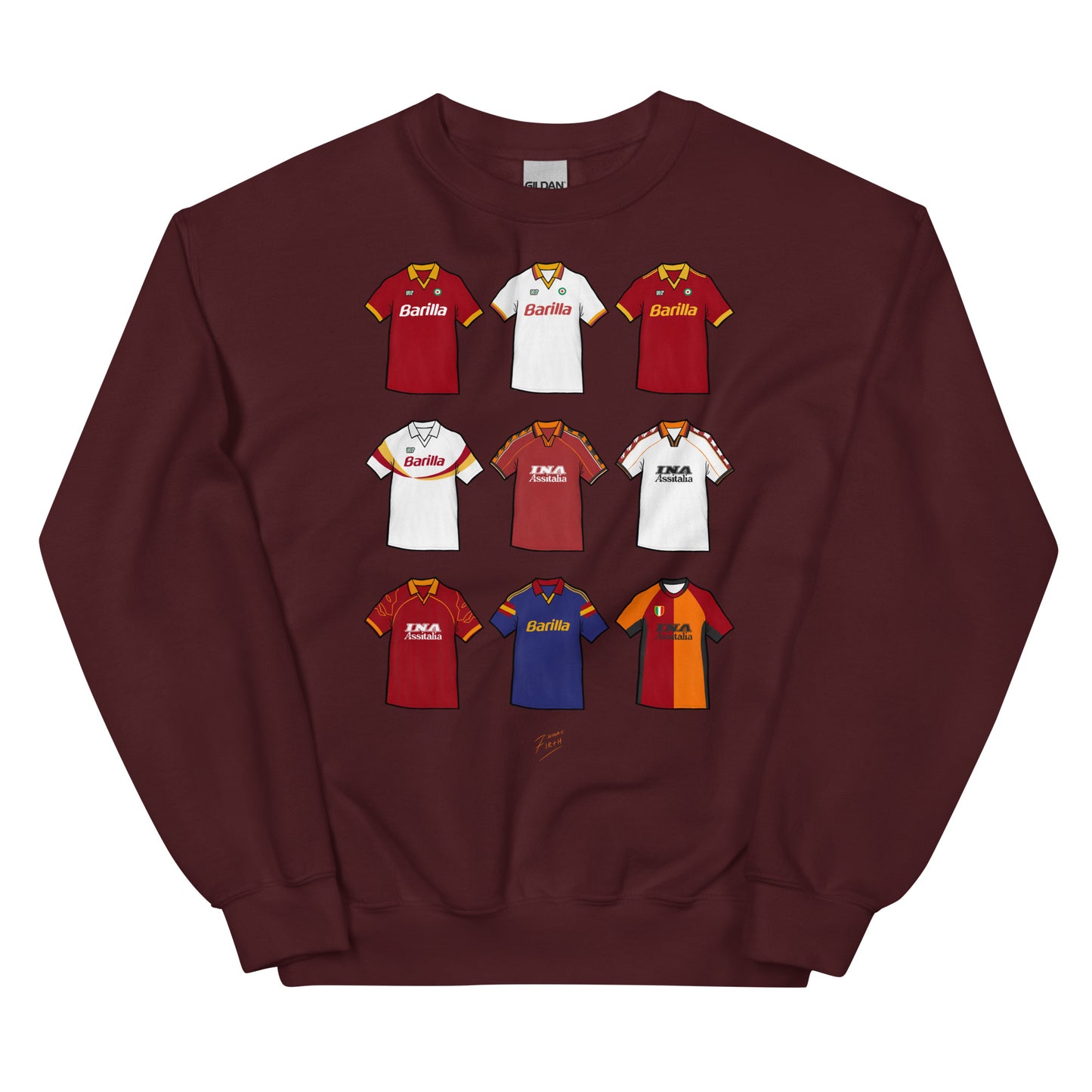 Transport yourself back to the glory days of AS Roma with this vintage-inspired artwork sweatshirt. Featuring iconic jerseys and colours, this unique piece is a must-have for any fan of the legendary Italian football club
