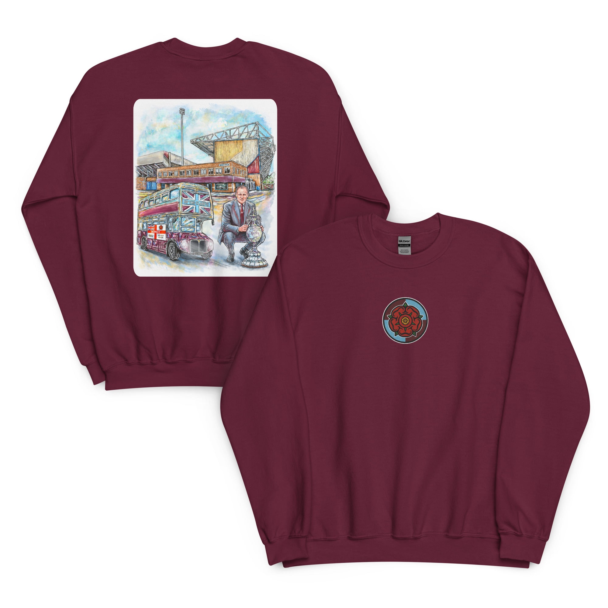 sweatshirt featuring hand-drawn Harry Potts and Turf Moor artwork inspired by Burnley football heritage.