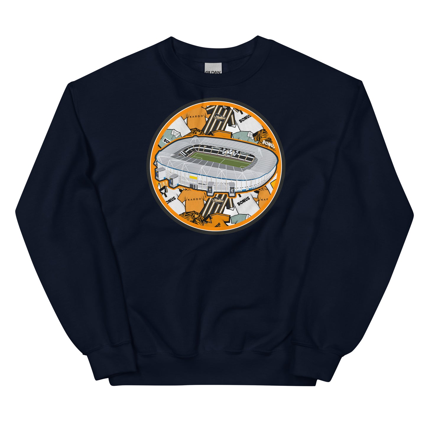 Navy Blue retro themed sweatshirt with artwork of Hull City Football Club's home ground the MKM Stadium on the front