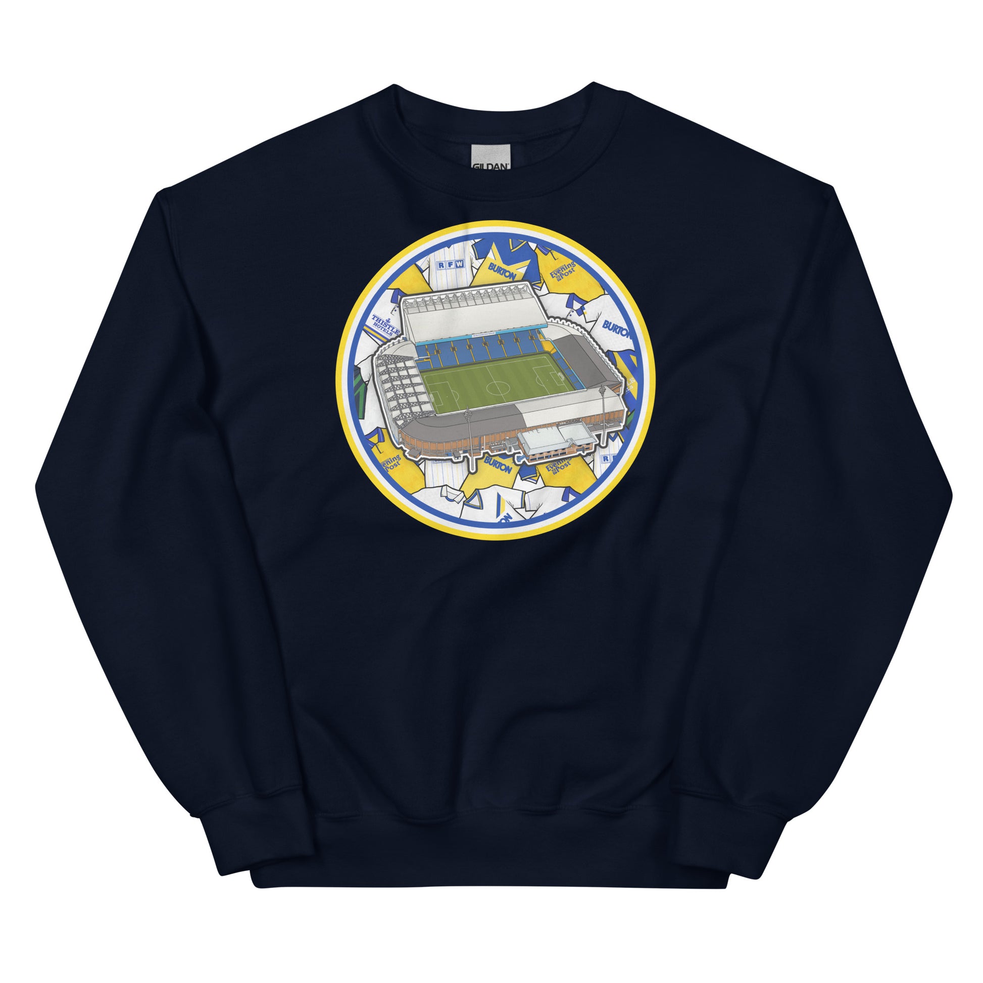 Navy Blue Sweatshirt Inspired by the home of Leeds United in West Yorkshire, Elland Road Stadium with Retro Themed Illustrated Artwork Behind it