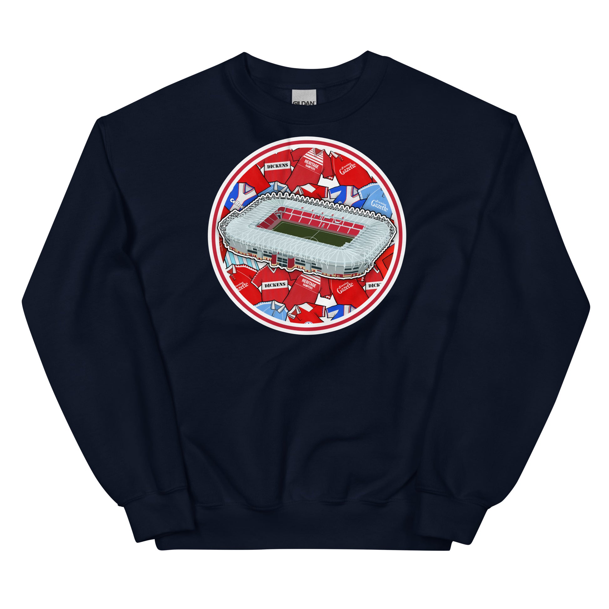 Navy Blue Retro Sweatshirt Inspired by the home of Middlesbrough Football, The Riverside Stadium in North Yorkshire!