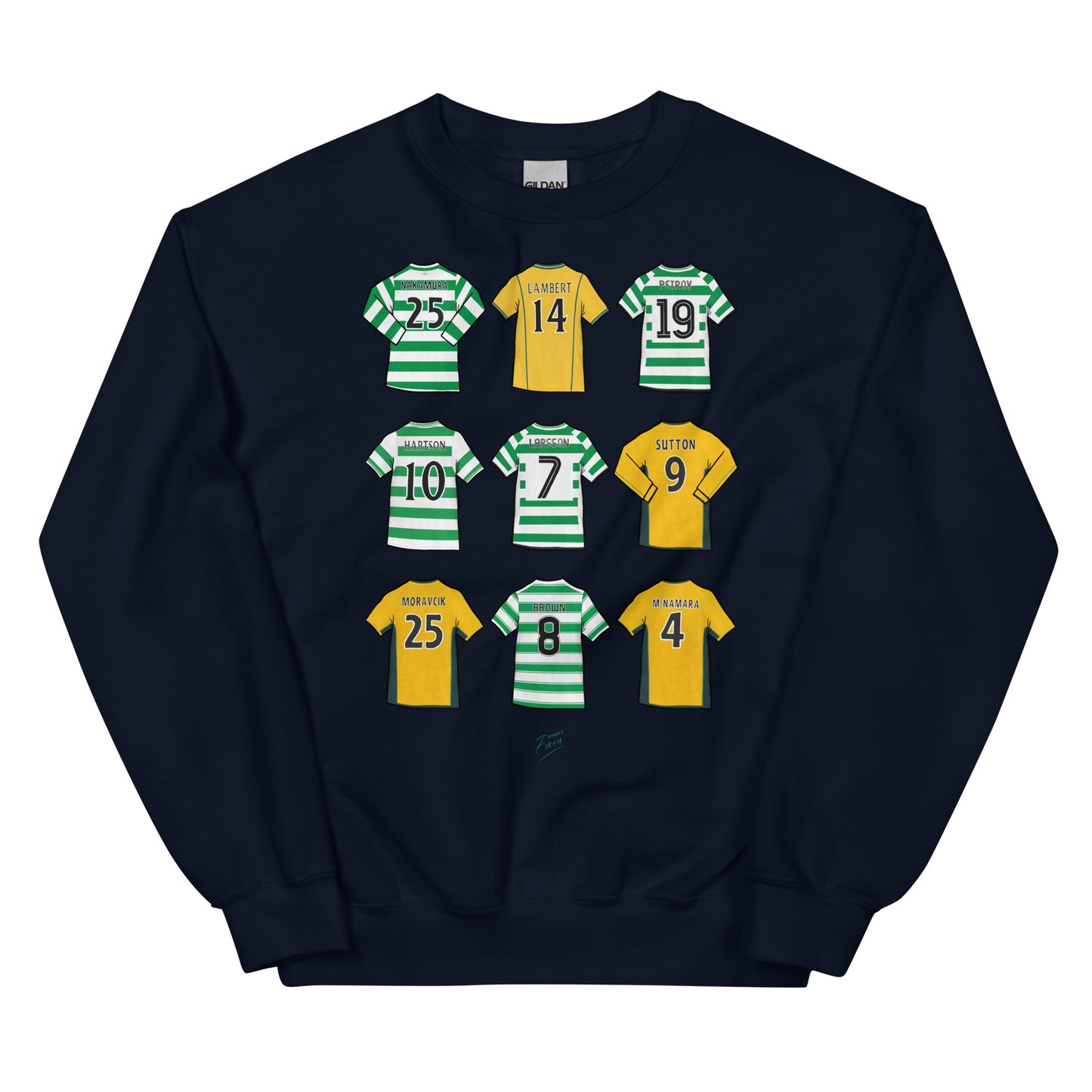 Navy blue Sweatshirt Glasgow Celtic inspired, legends of the club illustrated artwork featuring names such as Nakamura, Chris Sutton, John Harrison, Henrik Larsson, Scott Brown & more