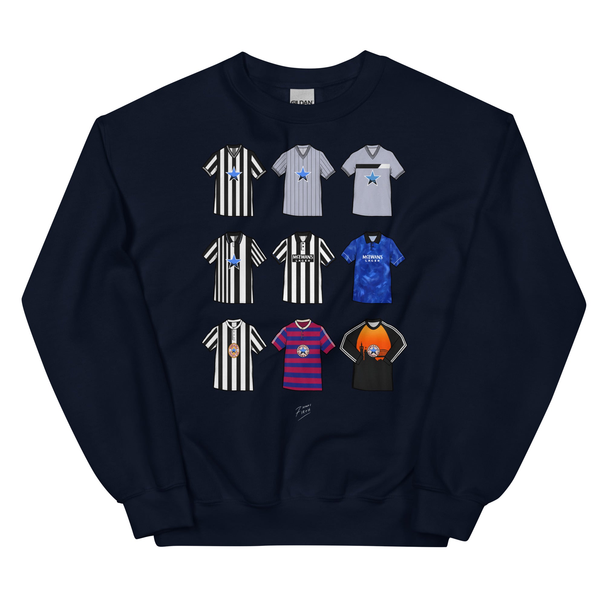 Celebrate your Magpies pride with this Newcastle United FC sweatshirt, designed for fans who love classic football style. Featuring detailed artwork showcasing 9 iconic Newcastle United shirts from the club’s history, this retro-style sweatshirt celebrates the club’s proud heritage and timeless football culture. Perfect for match days, casual wear, or as a Newcastle United football gift, it combines vintage-inspired design with modern comfort. A must-have sweatshirt for true Newcastle supporters who live an