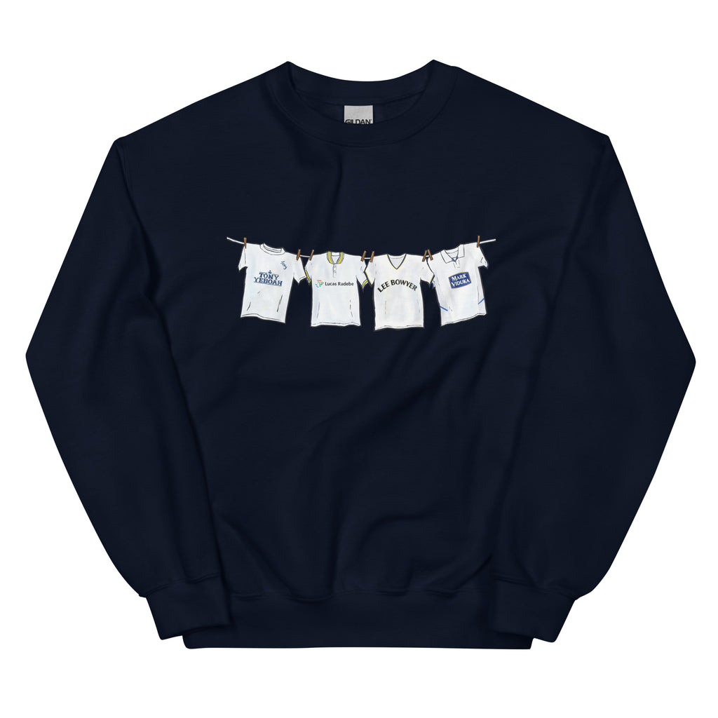 Leeds United inspired retro football sweatshirt inspired by 90s and 2000s classic kit designs, casual football shirt design