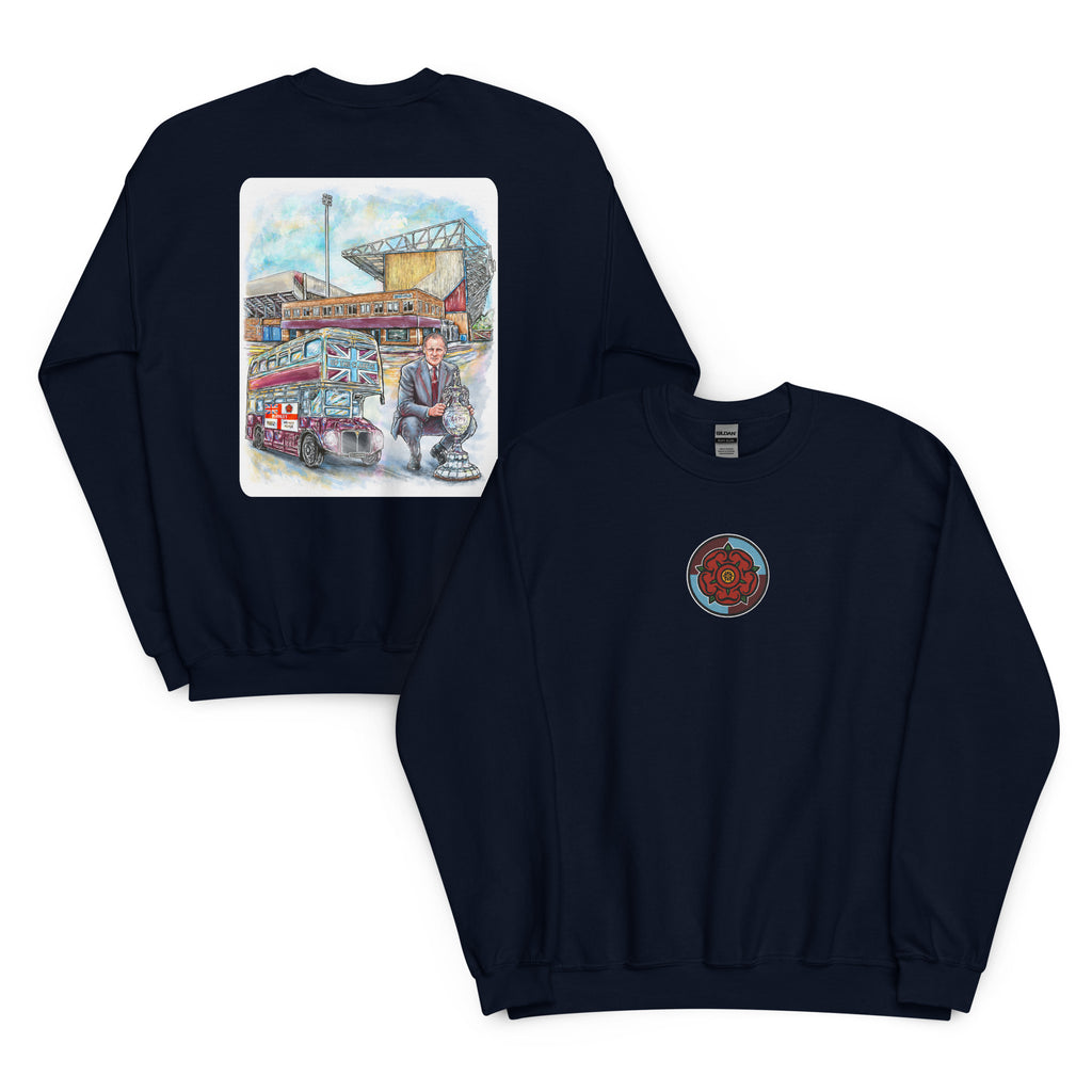 Navy Blue sweatshirt featuring hand-drawn Harry Potts and Turf Moor artwork inspired by Burnley football heritage.