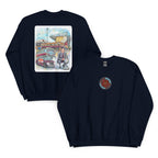 Navy Blue sweatshirt featuring hand-drawn Harry Potts and Turf Moor artwork inspired by Burnley football heritage.