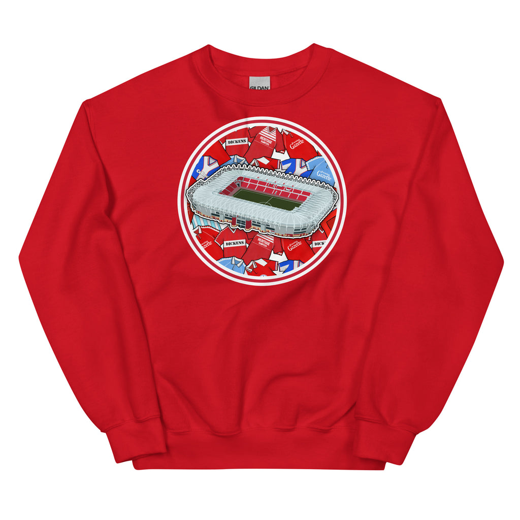 Red Retro Sweatshirt Inspired by the home of Middlesbrough Football, The Riverside Stadium in North Yorkshire!