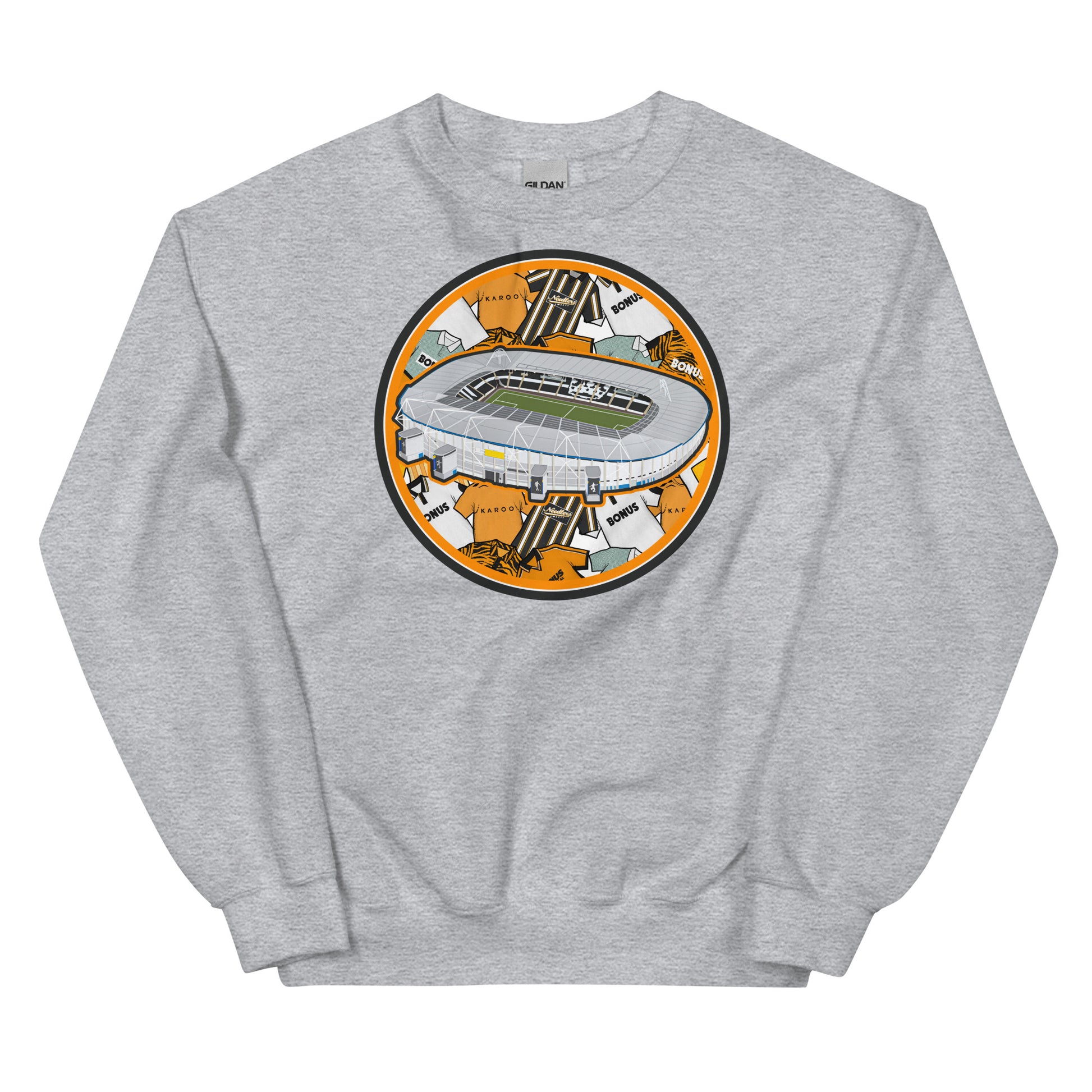 Light Grey retro themed sweatshirt with artwork of Hull City Football Club's home ground the MKM Stadium on the front