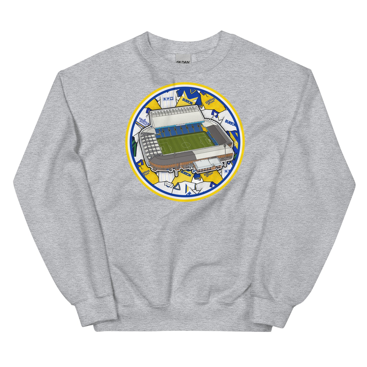 Grey Sweatshirt Inspired by the home of Leeds United in West Yorkshire, Elland Road Stadium with Retro Themed Illustrated Artwork Behind it