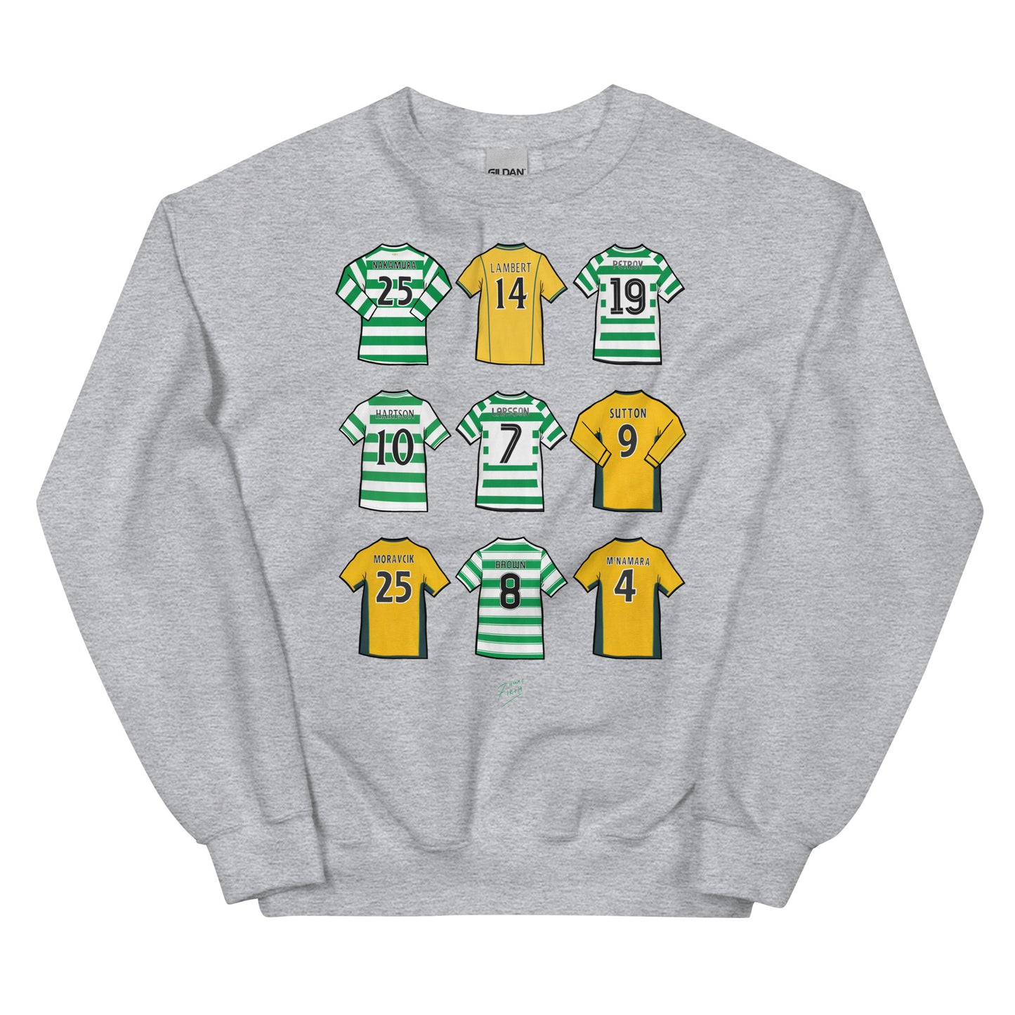 Grey Sweatshirt Celtic inspired, legends of the club illustrated artwork featuring names such as Nakamura, Chris Sutton, John Harrison, Henrik Larsson, Scott Brown & more