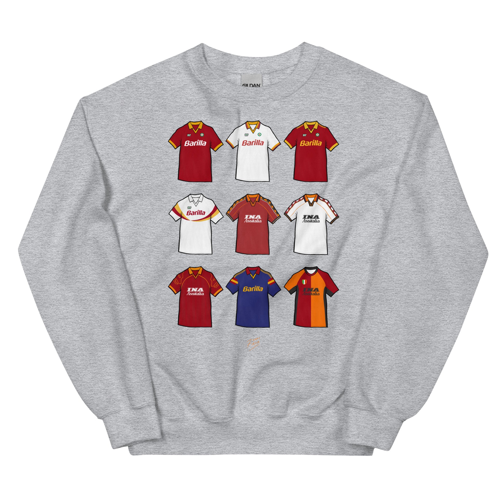 Transport yourself back to the glory days of AS Roma with this vintage-inspired artwork sweatshirt. Featuring iconic jerseys and colours, this unique piece is a must-have for any fan of the legendary Italian football club