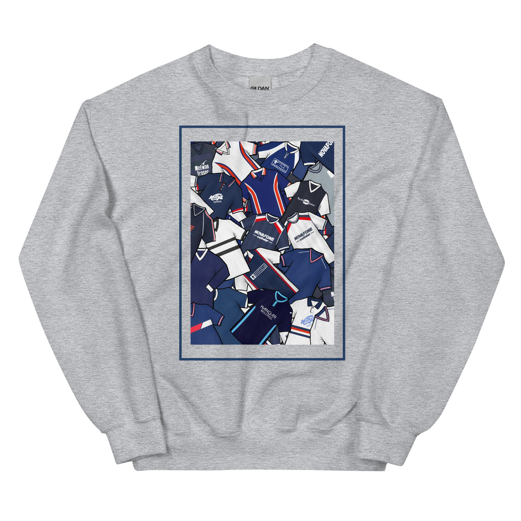 Show your Dundee FC pride with this sweatshirt featuring a unique mashup of classic shirts. A stylish retro football gift for true Dundee supporters
