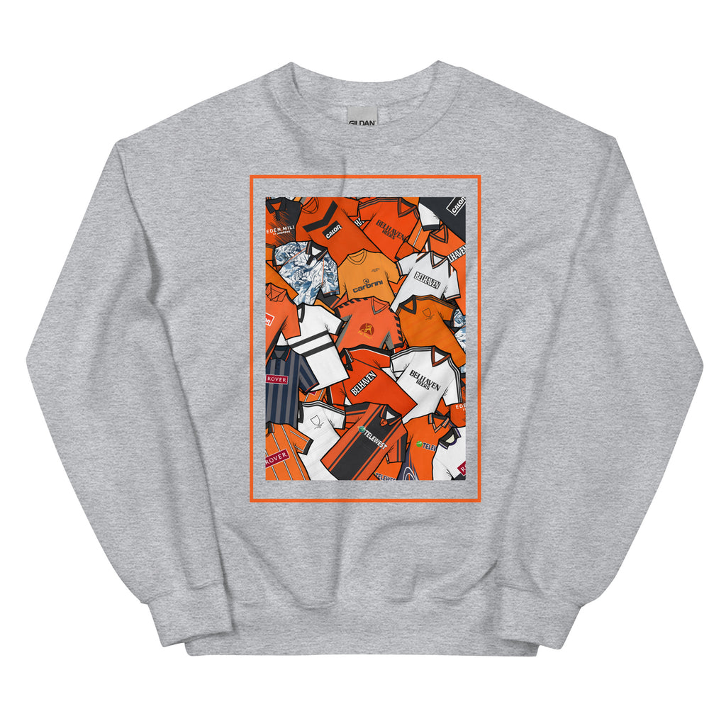 Show your Dundee United FC pride with this sweatshirt featuring a unique mashup of classic shirts. A stylish retro football gift for true Dundee United supporters