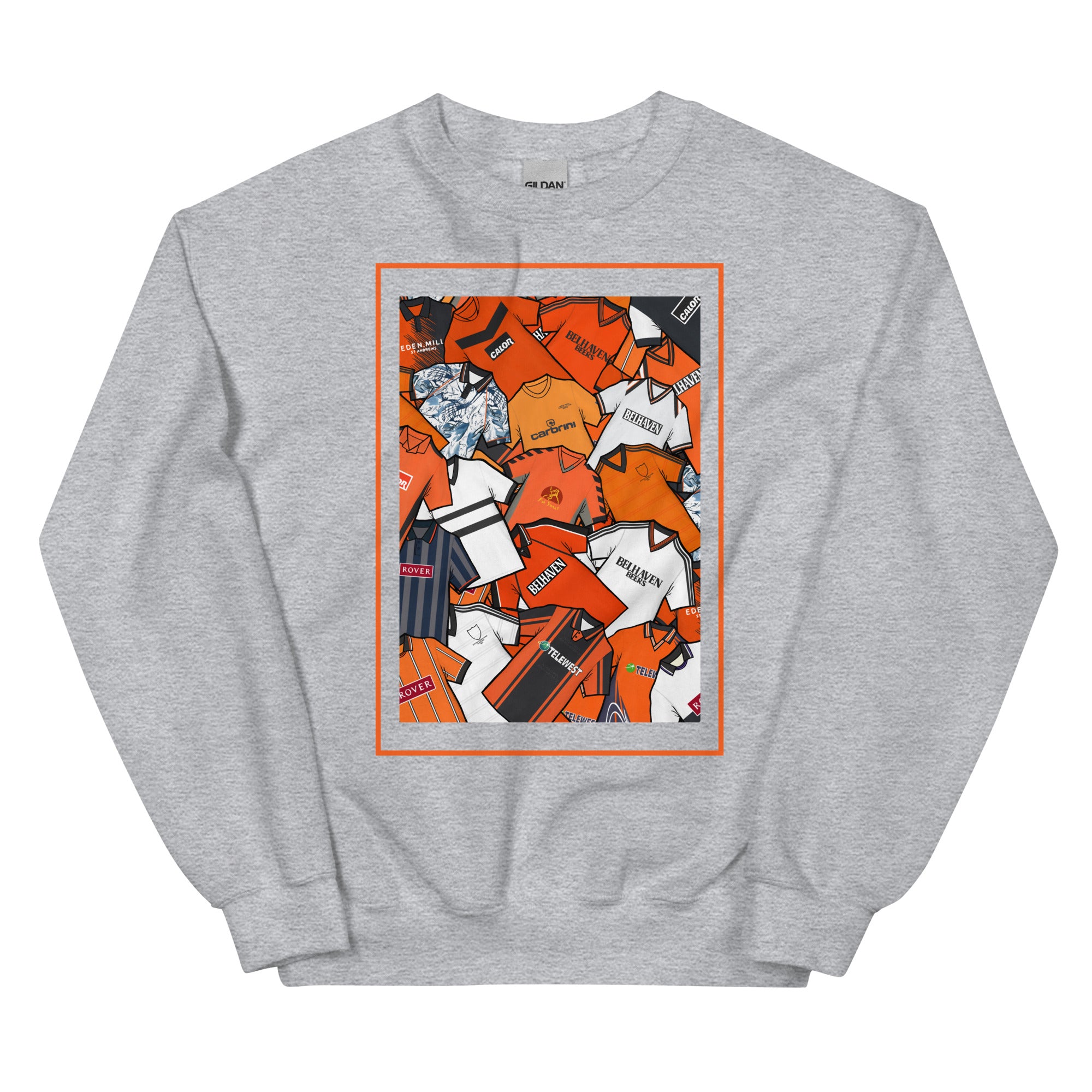 Show your Dundee United FC pride with this sweatshirt featuring a unique mashup of classic shirts. A stylish retro football gift for true Dundee United supporters
