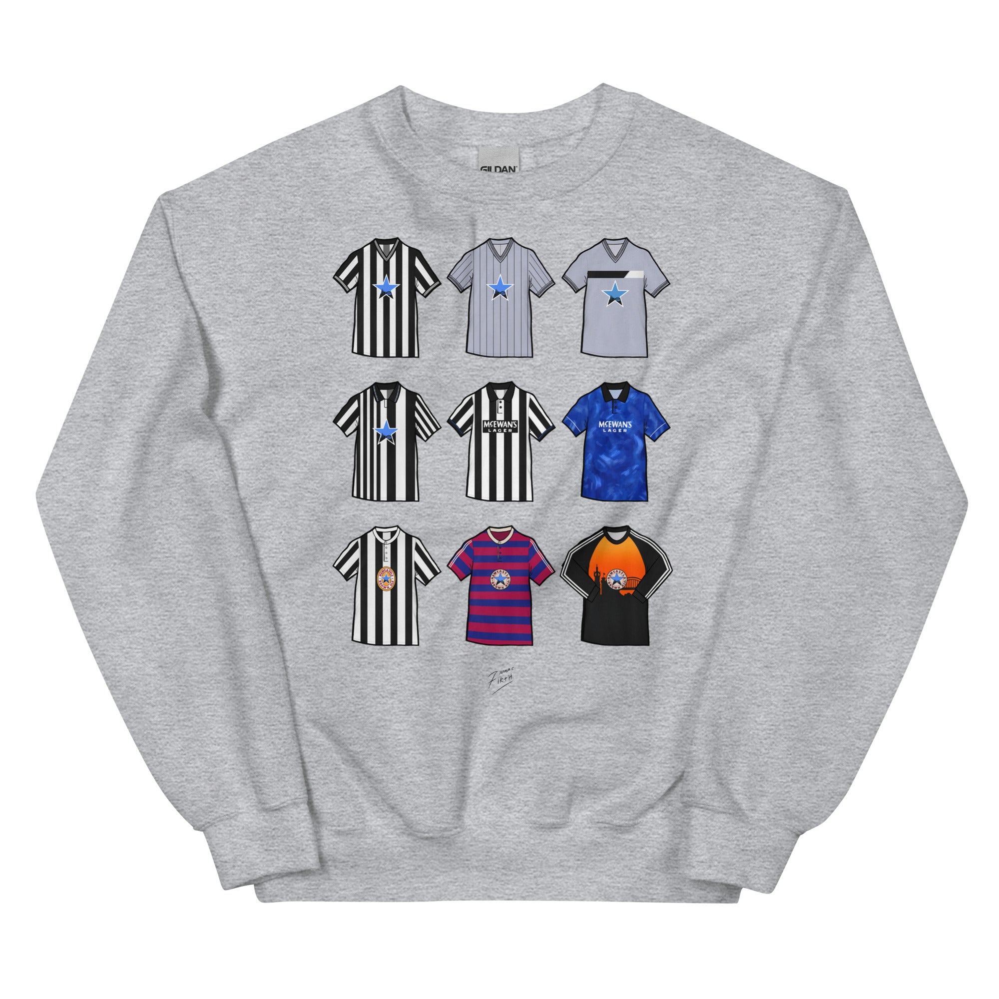 Celebrate your Magpies pride with this Newcastle United FC sweatshirt, designed for fans who love classic football style. Featuring detailed artwork showcasing 9 iconic Newcastle United shirts from the club’s history, this retro-style sweatshirt celebrates the club’s proud heritage and timeless football culture. Perfect for match days, casual wear, or as a Newcastle United football gift, it combines vintage-inspired design with modern comfort. A must-have sweatshirt for true Newcastle supporters who live an