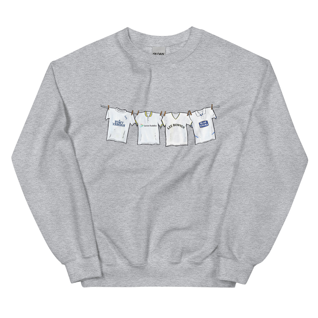 Vintage Leeds United inspired football sweatshirt celebrating 90s football devotion and classic kit culture